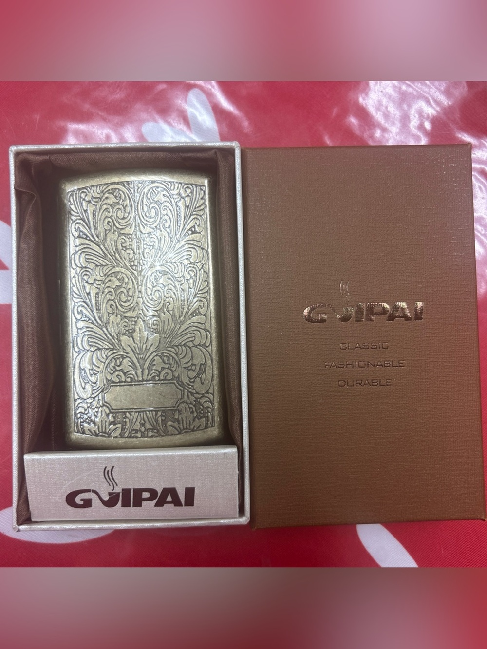 Vintage Looking Brass Guipai Cigarette Case Holder Floral Scroll Engraved Metal